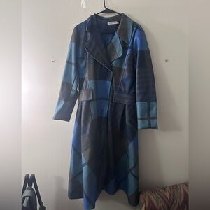 Blue and Black Plaid Long Trench Coat